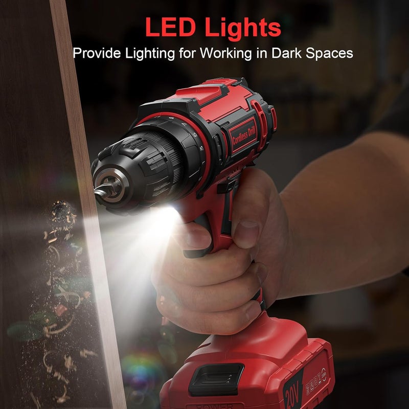 VIWKO Cordless Drill Set, 20V Power Drill with Power Pack 2.0Ah and Charger, 3/8-Inch Keyless Chuck Electricdrill, 25+1 Torque, 42pcs Drilldriver Bits/Screws for DIY Projects (Red) - Image 5